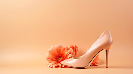 Canvas Print - A close up of a pair of shoes with a flower, peach fuzz, color of the year 2024, monochromatic image