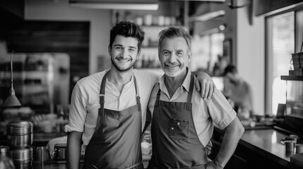 Wall Mural - father and son own a small cafeteria business. Photo in black style