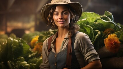 Wall Mural - young woman farmer portrait with vegetable garden crop garden