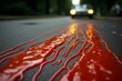 Red ketchup on asphalt road with approaching car. Driving safety concept.