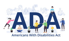 ADA - Americans With Disabilities Act concept with big word text acronym and team people in modern flat style vector illustration