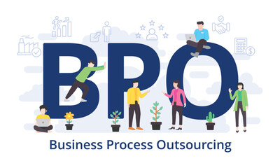 BPO - Business Process Outsourcing concept with big word text acronym and team people in modern flat style vector illustration