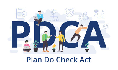 Wall Mural - PDCA - Plan Do Check Act concept with big word text acronym and team people in modern flat style vector illustration