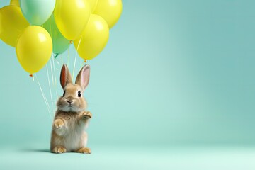 Wall Mural - Cute, adorable, little bunny holding balloons