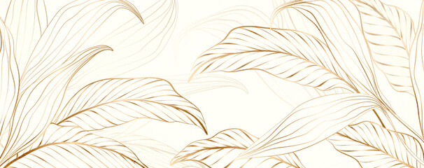 Silhouette of tropical leaves in golden art line style on a light background. Abstract luxury botanical pattern for wallpaper, banner, textile, poster, interior design.