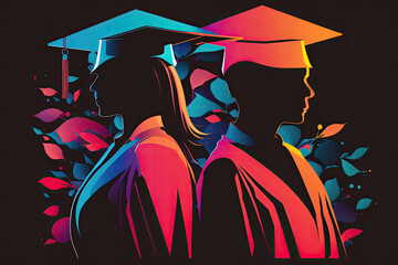 Wall Mural - Vibrant silhouettes of two graduates facing opposite directions, their profiles highlighted in neon colors. Symbolizes diversity and the bright future of graduates.