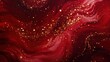 Red liquid with tints of golden glitters. Red background with a scattering of gold sparkles. Magic Galaxy of golden dust particles in red fluid with burgundy tints. 