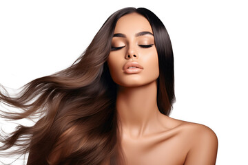 haircare, beauty and relax with woman with long hair, luxury and salon treatment isolated on a trans