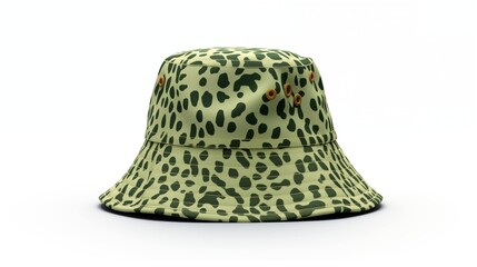Wall Mural - A stylish green bucket hat with a trendy leopard print pattern, perfect for adding a touch of flair to any outfit.