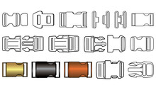 Quick Release Buckles Flat Sketch Vector Illustration, Set Of Bag Accessories, Lock, Clips, Berg And Ladder Locks Buckles For Back Packs, Climbing Equipment, Garments Dress Fasteners And Clothing Belt