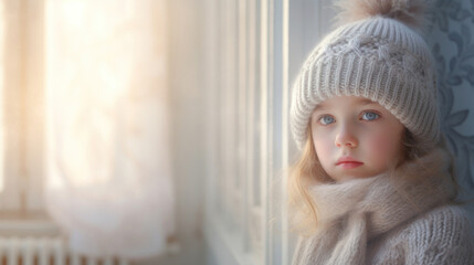 Wall Mural - Frozen sad little girl wearing a hat, scarf and sweater in her home next to a cold radiator