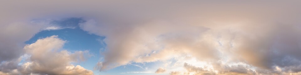 Wall Mural - sunset sky panorama with glowing golden cumulus clouds. seamless hdr 360 panorama in spherical equir