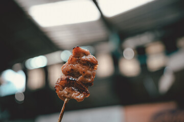 Wall Mural - Hand holding grilled pork in bamboo stick. Thai called Moo ping. Thai traditional breakfast