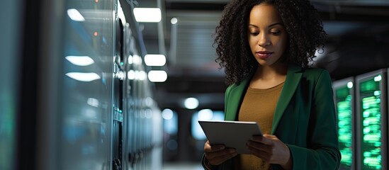 Poster - african american woman using tablet in modern data center hallway working with server rack.