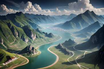 aerial view river landscape in spring ai generated