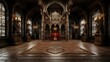 An interior view of an old European church, featuring intricate decorations, arches, and religious symbols. capturesing the historical and artistic essence of religious architecture