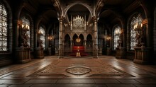 An Interior View Of An Old European Church, Featuring Intricate Decorations, Arches, And Religious Symbols. Capturesing The Historical And Artistic Essence Of Religious Architecture