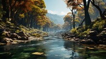 A Picturesque Autumn River Flows Through A Rugged Landscape Of Trees And Rocks, Its Wild Waters Reflecting The Vibrant Sky Above And Painting A Sense Of Untamed Beauty In The Heart Of The Wilderness