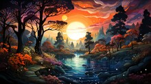 An Ethereal Landscape Painting Of A Majestic Tree-lined River Flowing Into A Fiery Sunset, Surrounded By A Wild Reef, Evoking A Sense Of Natural Beauty And Untamed Wonder In The Great Outdoors