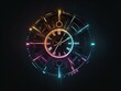 © El Zahra  - transparent glowing clock, glowing lines, black background, for design, isolated