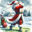 Watercolor Santa Claus playing golf on a green field, outside in winter. Santa Claus practicing his golf swing