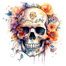 Cute Cartoon Watercolor Halloween Skull With Flowers On A Transparent Background