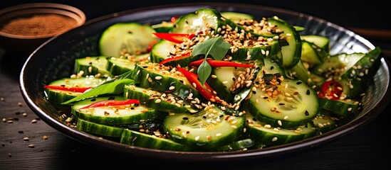 Asian-style spicy cucumber salad with soy dressing, chilli, garlic, and sesame seeds.