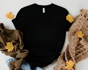 Black Bella Canvas 3001 Camiseta Mock up Fall T-shirt Autumn Rolled Sleeve Shirt Mock Up Styled Stock Photo Sublimation mockup SVG Mock Up JPG
