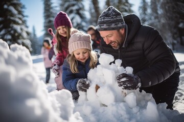  Family building an impressive snow fort together, collaborative winter activity
