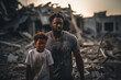 African woman with her daughter in gray clothes against the backdrop of a destroyed house. World peace concept.