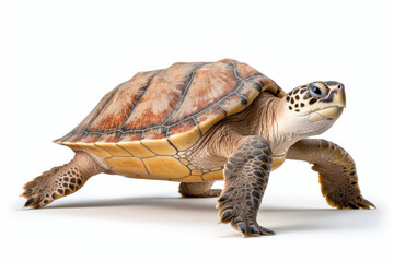 Close up photograph of a full body sea turtle isolated on a solid white background