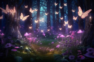 Wall Mural - A beautiful fairytale enchanted forest at night made of glittering crystals with trees and colorful vegetation, Generative AI