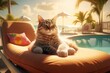 A cat has a summer vacation at a beautiful beach resort. Generative AI
