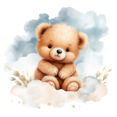 cute baby teddy bear sleeping on the cloud illustration, generative ai