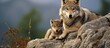 Captive Grey Wolf (Canis lupus) mother and pup perched on rock.