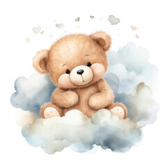 Wall Mural - Cute baby teddy bear sleeping on the cloud Illustration, Generative Ai