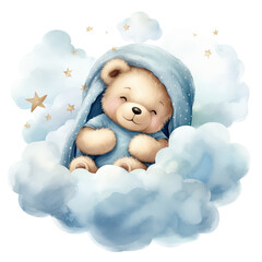 Wall Mural - Cute baby teddy bear sleeping on the cloud Illustration, Generative Ai