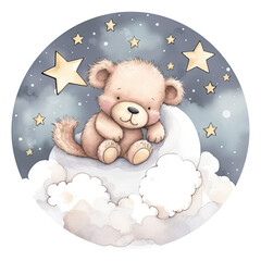 Wall Mural - Cute baby teddy bear sleeping on the cloud Illustration, Generative Ai