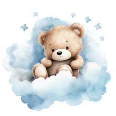 Wall Mural - Cute baby teddy bear sleeping on the cloud Illustration, Generative Ai