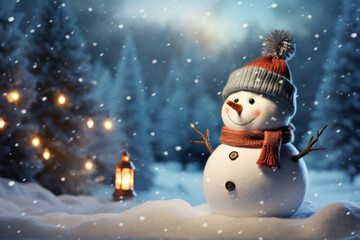  Cute snowman in snow with senta hat for happy christmas and new year festival winter wallpaper. AI