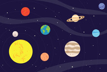 Sun And Planets Of The Solar System In Outer Space Vector Illustration
