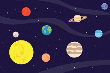 sun and planets of the solar system in outer space vector illustration
