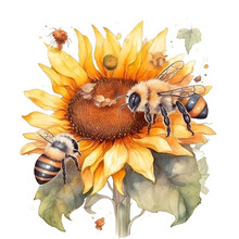 Cartoon Watercolor Bee With Sunflowers On A Transparent Background