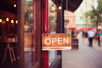 Wall Mural - open sign  Restaurant door handle with push sign on glass doors