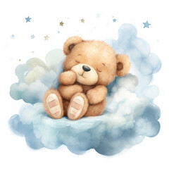 Wall Mural - Cute baby teddy bear sleeping on the cloud Illustration, Generative Ai