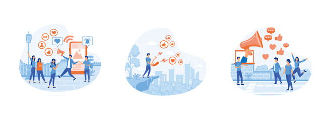 Poster - Influencer marketing.Social media influencer. Tiny people with megaphone and big magnet influencing audiences. Social media influencer set   flat vector modern illustration 
