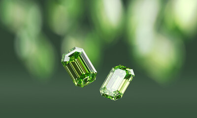 Poster - Green emerald isolated on glossy background 3d rendering soft focus