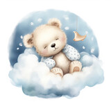 Fototapeta Las - Cute baby teddy bear sleeping on the cloud Illustration, Generative Ai