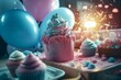 Baby gender reveal party. Colorful cake table with big balloons and cupcakes. Generate AI