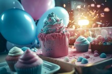 Baby Gender Reveal Party. Colorful Cake Table With Big Balloons And Cupcakes. Generate AI